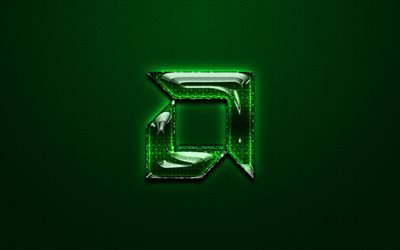 AMD yeşil logo, yeşil vintage arka plan, sanat, AMD, marka, AMD cam logo, yaratıcı, AMD logosu