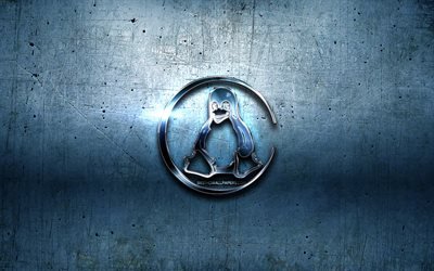 Linux metal logo, mavi metal arka plan, sanat, Linux, markalar, Linux 3D logo, yaratıcı, Linux logosu