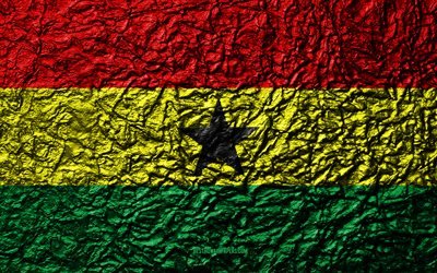 Ghanan lippu, 4k, kivi rakenne, aallot rakenne, kansallinen symboli, Ghana, Afrikka, kivi tausta