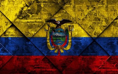 Lipun Ecuador, 4k, grunge art, rhombus grunge tekstuuri, Ecuadorin lippu, Etel&#228;-Amerikassa, kansalliset symbolit, Ecuador, creative art