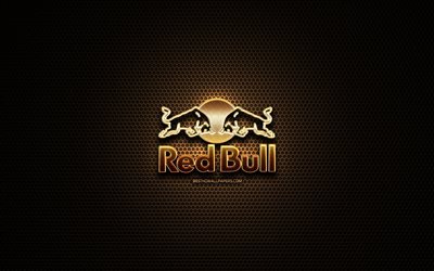 Red Bull glitter logo, creative, metal grid background, Red Bull logo, brands, Red Bull