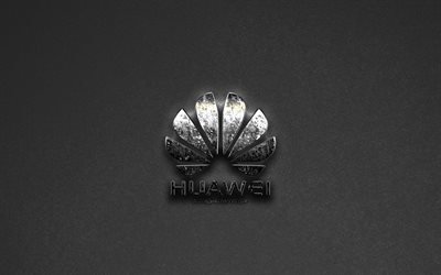 huawei-logo, grauer hintergrund, metallic-logo, emblem, huawei