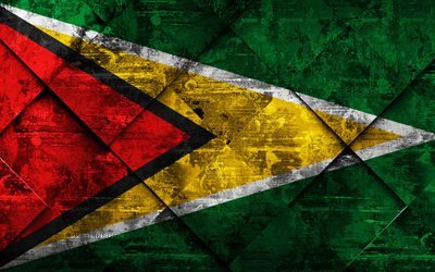 Bandera de Guyana, 4k, grunge arte, rombo grunge textura, bandera de Guyana, Am&#233;rica del Sur, los s&#237;mbolos nacionales, Guyana, arte creativo