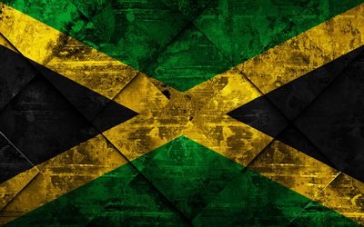 Jamaika bayrağı, 4k, grunge sanat, rhombus grunge doku, Kuzey Amerika, ulusal semboller, Jamaika, yaratıcı sanat