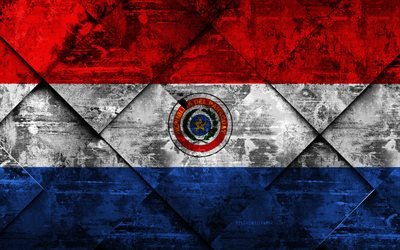 Paraguay bayrağı, 4k, grunge sanat, rhombus grunge doku, G&#252;ney Amerika, ulusal semboller, Paraguay, yaratıcı sanat