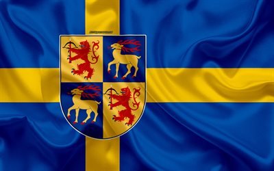 wappen von kalmar lan, 4k, seide flagge, schwedische flagge, kalmar county, schweden, flaggen der schwedischen lan, seide textur, kalmar lan, wappen