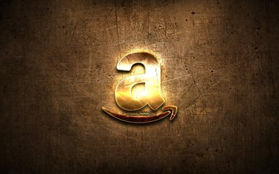 Amazon golden logo, artwork, brown metal background, creative, Amazon logo, brands, Amazon