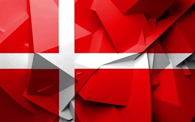 4k, Danimarka Bayrak, geometrik sanat, Avrupa &#252;lkeleri, Danimarka bayrak, yaratıcı, Danimarka, Avrupa, 3D bayrak, ulusal semboller