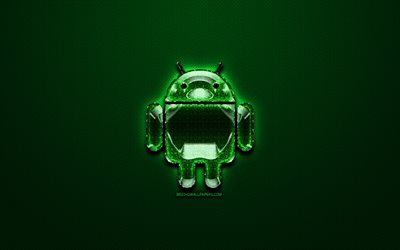 Android green logo, OS, green vintage background, artwork, Android, brands, Android glass logo, creative, Android logo