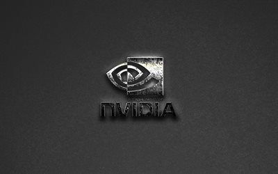 Nvidia logo, metal logo ruoste, tunnus, creative art, harmaa tausta, Nvidia