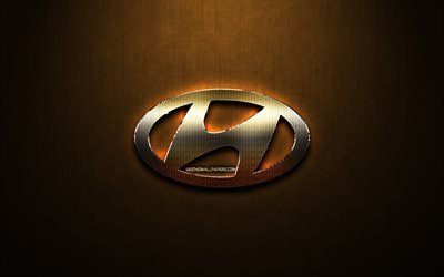 hyundai glitter-logo -, automobil-marken, kreative, koreanische autos, bronze, metall, hintergrund, hyundai-logo, marken, hyundai