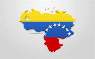 3d-flagga i Venezuela, karta silhuetten av Venezuela, 3d-konst, Venezuelas flagga, Sydamerika, Venezuela, geografi, Venezuela 3d siluett