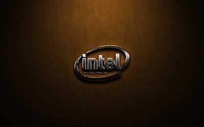 Intel glitter logo, creative, bronze metal background, Intel logo, brands, Intel