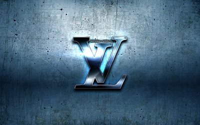 Louis Vuitton metalli-logo, sininen metalli tausta, kuvitus, Louis Vuitton, merkkej&#228;, Louis Vuitton 3D logo, luova, Louis Vuitton logo