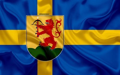 Bras&#227;o de armas da Kronoberg lan, 4k, seda bandeira, Bandeira sueca, Kronoberg Condado, Su&#233;cia, bandeiras do sueco lan, textura de seda, Kronoberg lan, bras&#227;o de armas