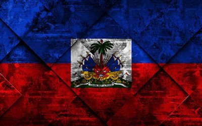 Haiti bayrağı, 4k, grunge sanat, rhombus grunge doku, Kuzey Amerika, ulusal semboller, Haiti, yaratıcı sanat