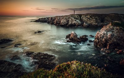 seascape, sunset, evening, lighthouse, rocks, coast