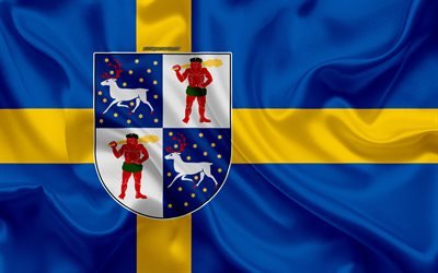 Bras&#227;o de armas de Norrbotten lan, 4k, seda bandeira, Bandeira sueca, O Condado De Norrbotten, Su&#233;cia, bandeiras do sueco lan, textura de seda, Norrbotten lan, bras&#227;o de armas