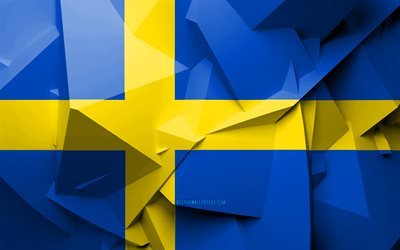 4k, Flagga Sverige, geometriska art, Europeiska l&#228;nder, Svenska flaggan, kreativa, Sverige, Europa, Sverige 3D-flagga, nationella symboler