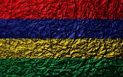 Bandiera di Mauritius, 4k, pietra, texture, onde texture, Mauritius, bandiera, nazionale, simbolo, Africa, sfondo di pietra