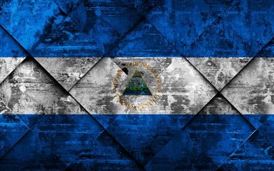 Nikaragua bayrağı, 4k, grunge sanat, rhombus grunge doku, Kuzey Amerika, ulusal semboller, Nikaragua, yaratıcı sanat