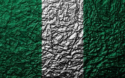 Flag of Nigeria, 4k, stone texture, waves texture, Nigerian flag, national symbol, Nigeria, Africa, stone background