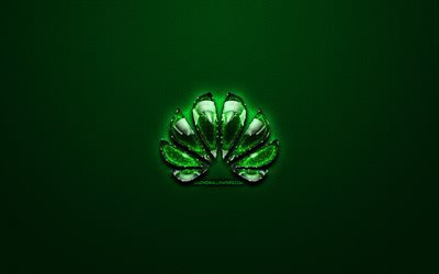 Huawei green logo, green vintage background, artwork, Huawei, brands, Huawei glass logo, creative, Huawei logo