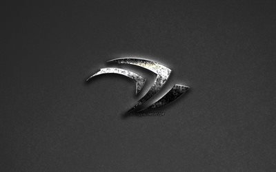 Nvidia logo, ter&#228;s logo, tunnus, metallinen art, harmaa tausta, Nvidia