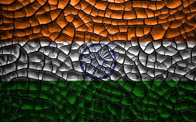 La bandiera dell&#39;India, 4k, incrinato suolo, Asiatico, Indiano, bandiera, 3D, arte, India, paesi Asiatici, simboli nazionali, India 3D bandiera