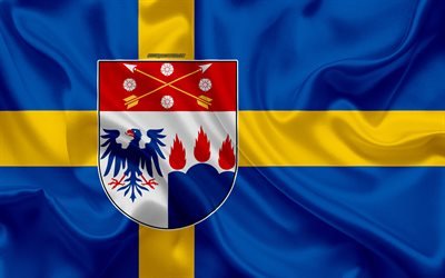 Coat of arms of Orebro lan, 4k, silk flag, Swedish flag, Orebro County, Sweden, flags of the Swedish lan, silk texture, Orebro lan, coat of arms