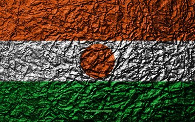 Flag of Niger, 4k, stone texture, waves texture, Niger flag, national symbol, Niger, Africa, stone background