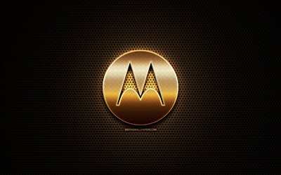 Motorola logo glitter, creativo, griglia di metallo sfondo, logo Motorola, marche, Motorola