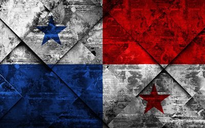 Flaggan i Panama, 4k, grunge konst, rhombus grunge textur, Panama flagg, Nordamerika, nationella symboler, Panama, kreativ konst