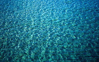 4k, 青色の水質感, マクロ, 水質感, 波, 青色の背景, 青い水, 水背景