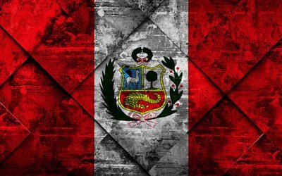 Flag of Peru, 4k, grunge art, rhombus grunge texture, Peruvian flag, South America, national symbols, Peru, creative art
