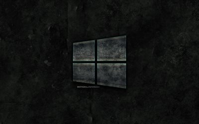 Windows 10 de pedra logotipo, pedra preta de fundo, Windows 10, criativo, grunge, 10 logotipo do Windows, marcas