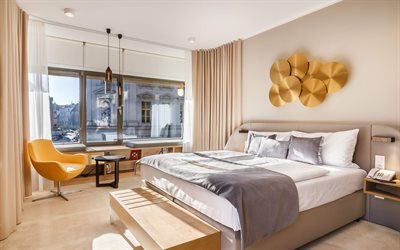 modern interior design, bedroom, pastel colors in the bedroom, beige bedroom, stylish interior