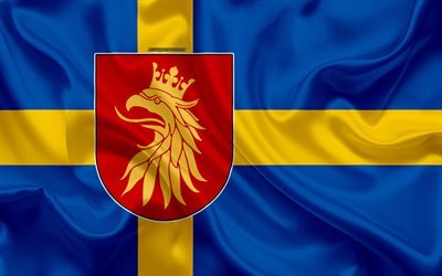 wappen von skane lan, 4k, seide flagge, schwedische flagge, skane county, sweden, flaggen der schwedischen lan, seide textur, skane lan, wappen