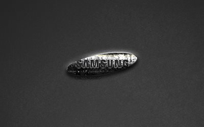 Samsung, emblema, logo in metallo, in pietra grigia, sfondo, logo Samsung