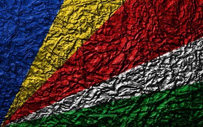 Drapeau des Seychelles, 4k, texture de pierre, les vagues de la texture, des Seychelles, drapeau, symbole national, les Seychelles, l&#39;Afrique, la pierre d&#39;arri&#232;re-plan