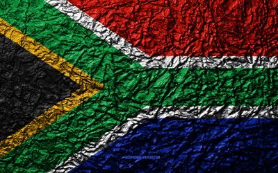 旗の南アフリカ, 4k, 石質感, 波質感, 南アフリカフラグ, 国立シンボル, 南アフリカ, アフリカ, 石背景
