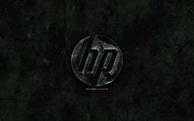 HP logo in pietra, e la pietra nera di sfondo, HP, Hewlett-Packard, creativo, grunge, logo HP, marche