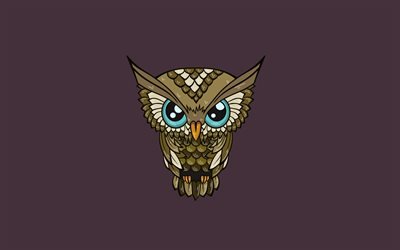 4k, gufo, minimal, cartoon owl, sfondo viola, divertente gufo, cartoon uccelli