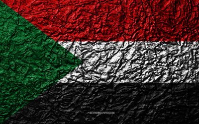 flagge von sudan, 4k, stein, textur, wellen, sudan fahne, national, symbol, sudan, afrika, stein hintergrund