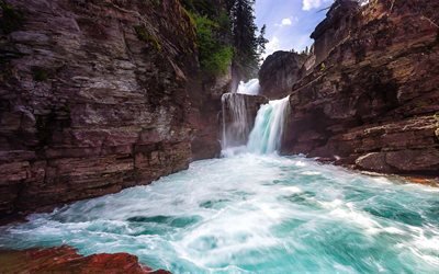 mountain waterfall, rocks, mountain river, Glacier National Park, Montana, USA, mountain landscape