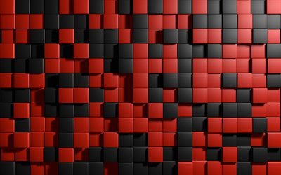 cubes texture, 4k, red and black cubes, geometry, black and red backgrounds, 3D textures, geometric shapes, cubes