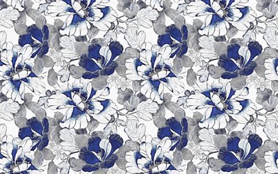 retro textura con flores de color azul, floral retro de fondo floral de la vendimia de la textura, fondo blanco con flores