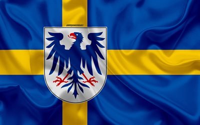 Coat of arms of Varmland lan, 4k, silk flag, Swedish flag, Varmland County, Sweden, flags of the Swedish lan, silk texture, Varmland lan, coat of arms