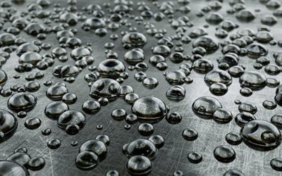water drops on metal, macro, water drops texture, dew, water, gray backrounds