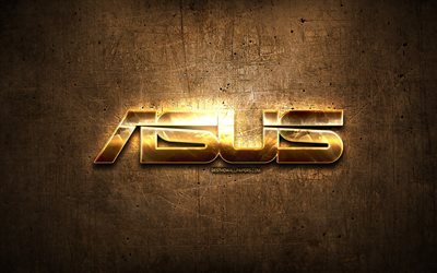 Asus golden logo, artwork, brown metal background, creative, Asus logo, brands, Asus